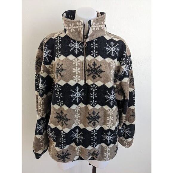 Vintage Sierra Classics Large Snowflake Fleece Jacket Tan Black White Half Zip - Picture 2 of 8